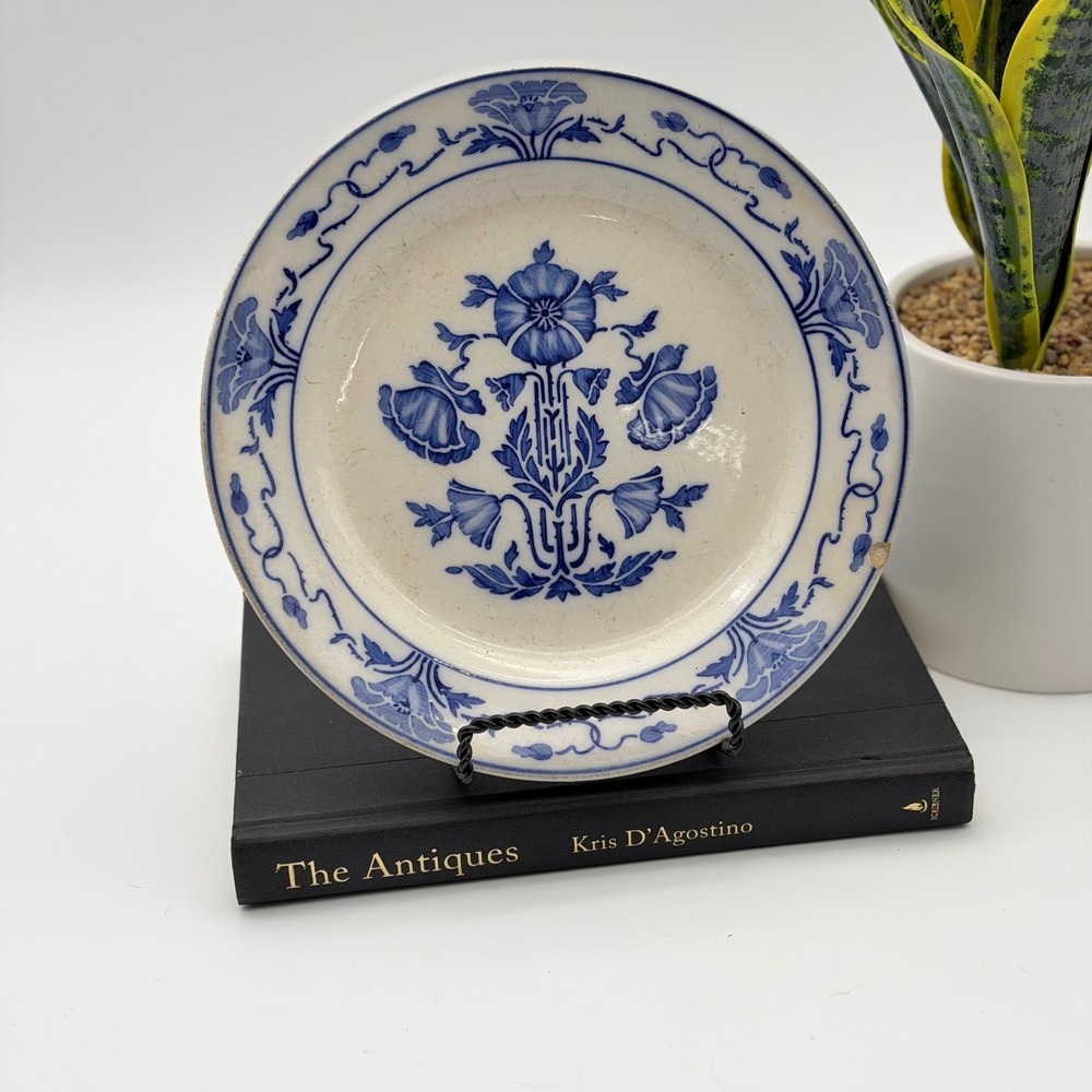 Antique Villeroy & Boch Dresden Saxony Stained & Crazed Blue Poppy Floral Plate